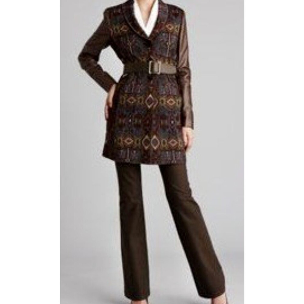 Worth New York Women's Jacket Brown Faux Leather Tapestry Coat Size Medium NWOT